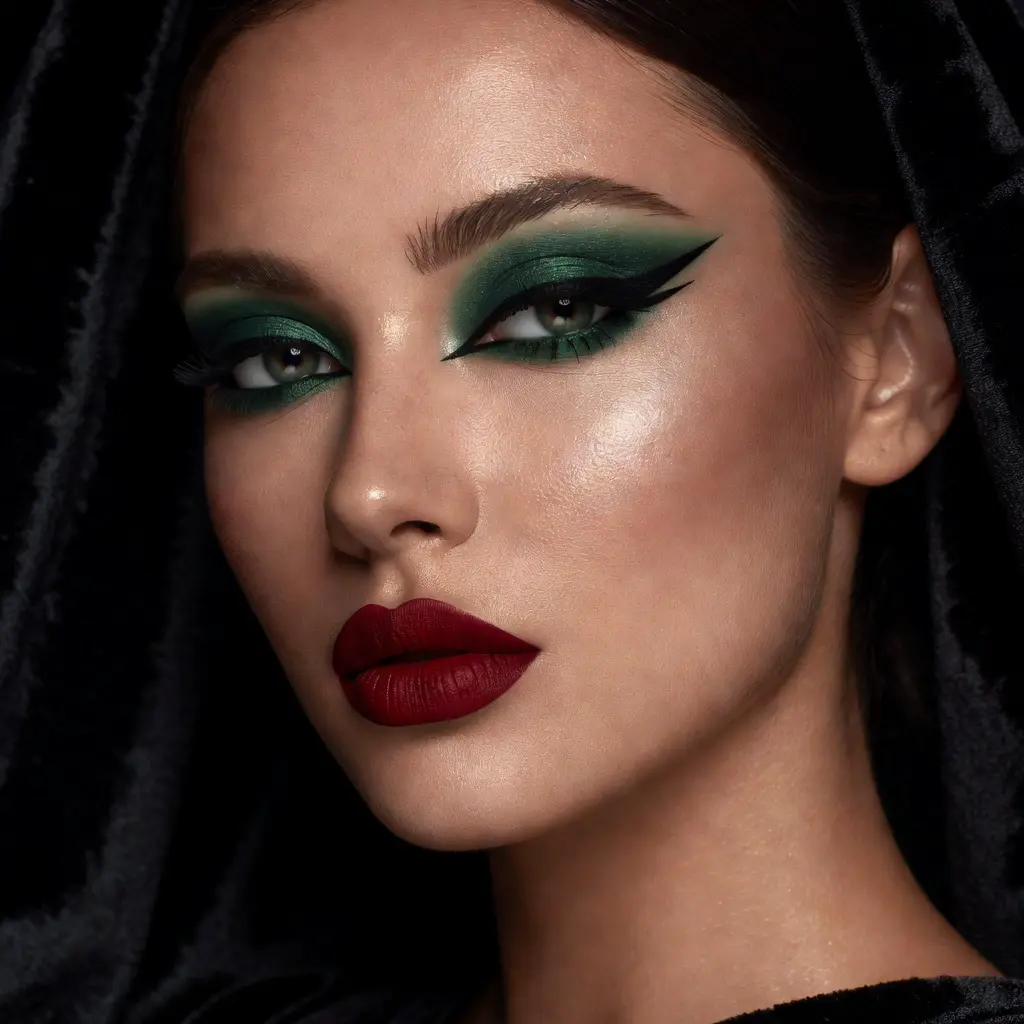 Close-up beauty portrait of a woman wearing deep jewel-tone casino-inspired makeup with sharp eyeliner and luminous skin in 2026 style
