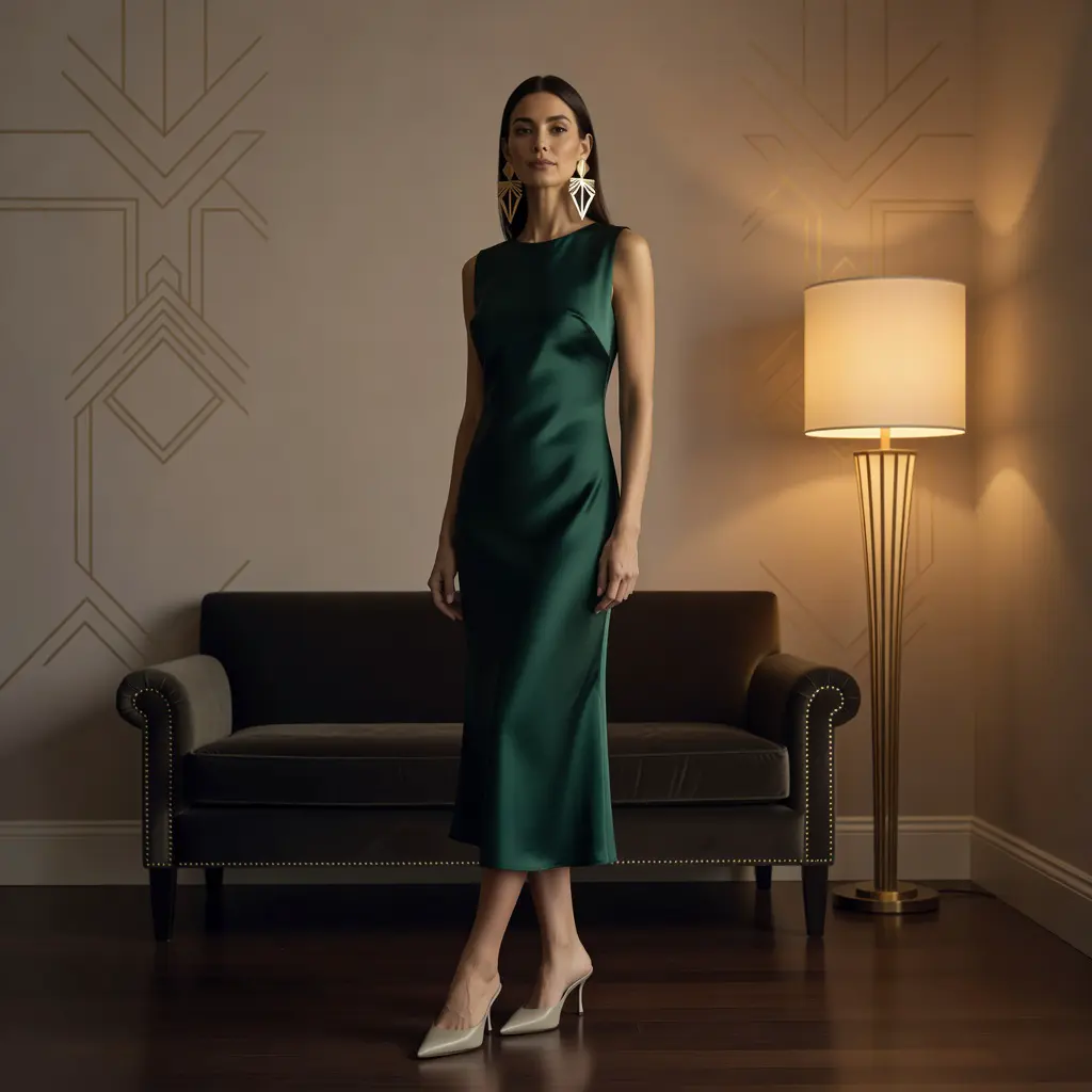 Stylish woman in emerald green satin midi dress with gold statement earrings and heeled mules in a sophisticated 2026 Art Deco inspired fashion setting