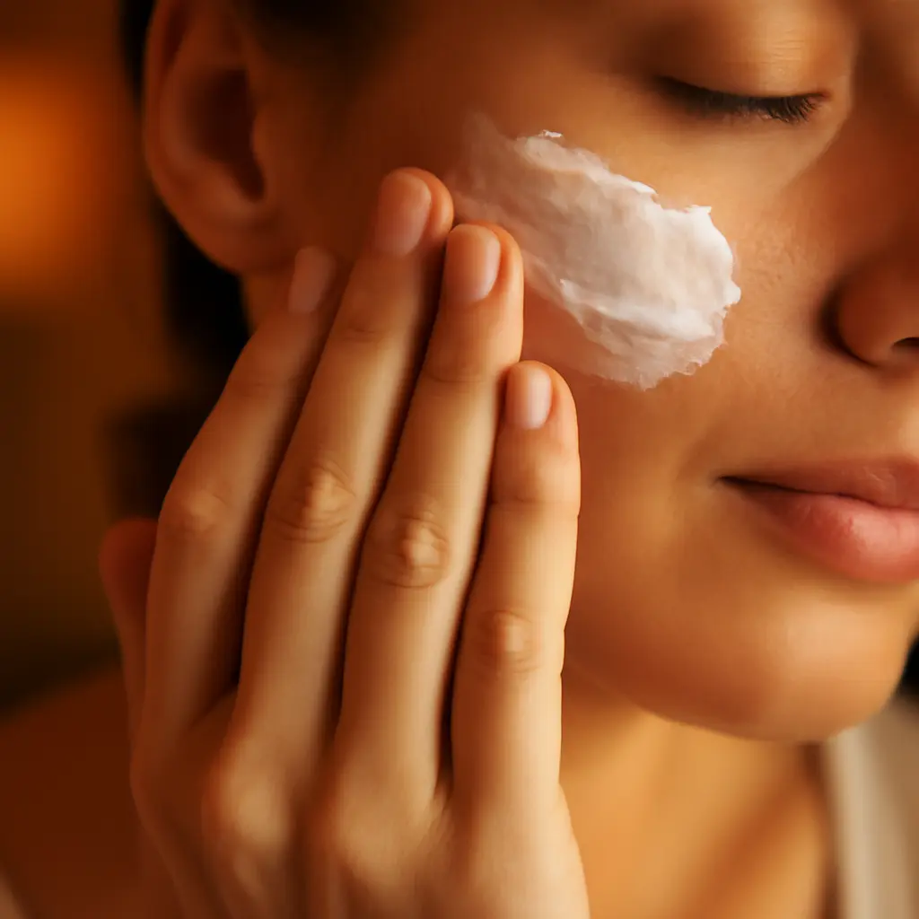 Person applying cream to cheek in cozy setting