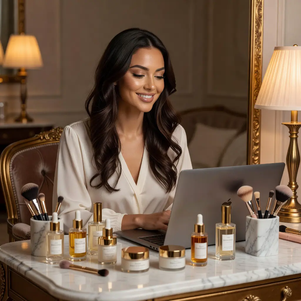 Beauty lover exploring no-deposit casino bonuses online A stylish woman with radiant makeup seated at a vanity, browsing casino bonus offers on a laptop surrounded by premium beauty products