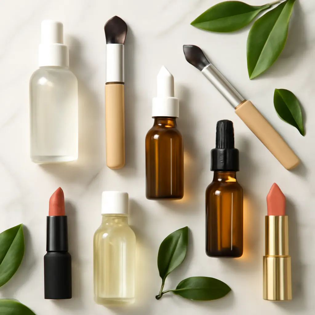 Beauty products flatlay Assorted skincare and makeup products arranged on a marble surface with soft lighting