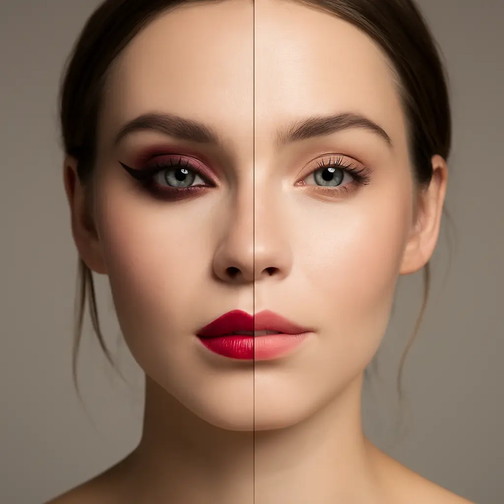 Bold and Natural Makeup Side-by-Side Split image of a woman wearing bold makeup on one side and natural glow on the other