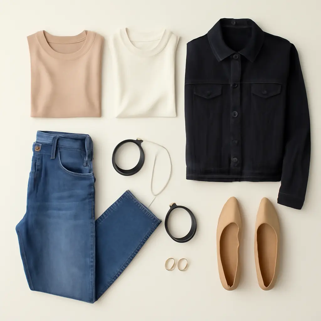 Capsule wardrobe layout A neatly organized capsule wardrobe with neutral staples and accessories