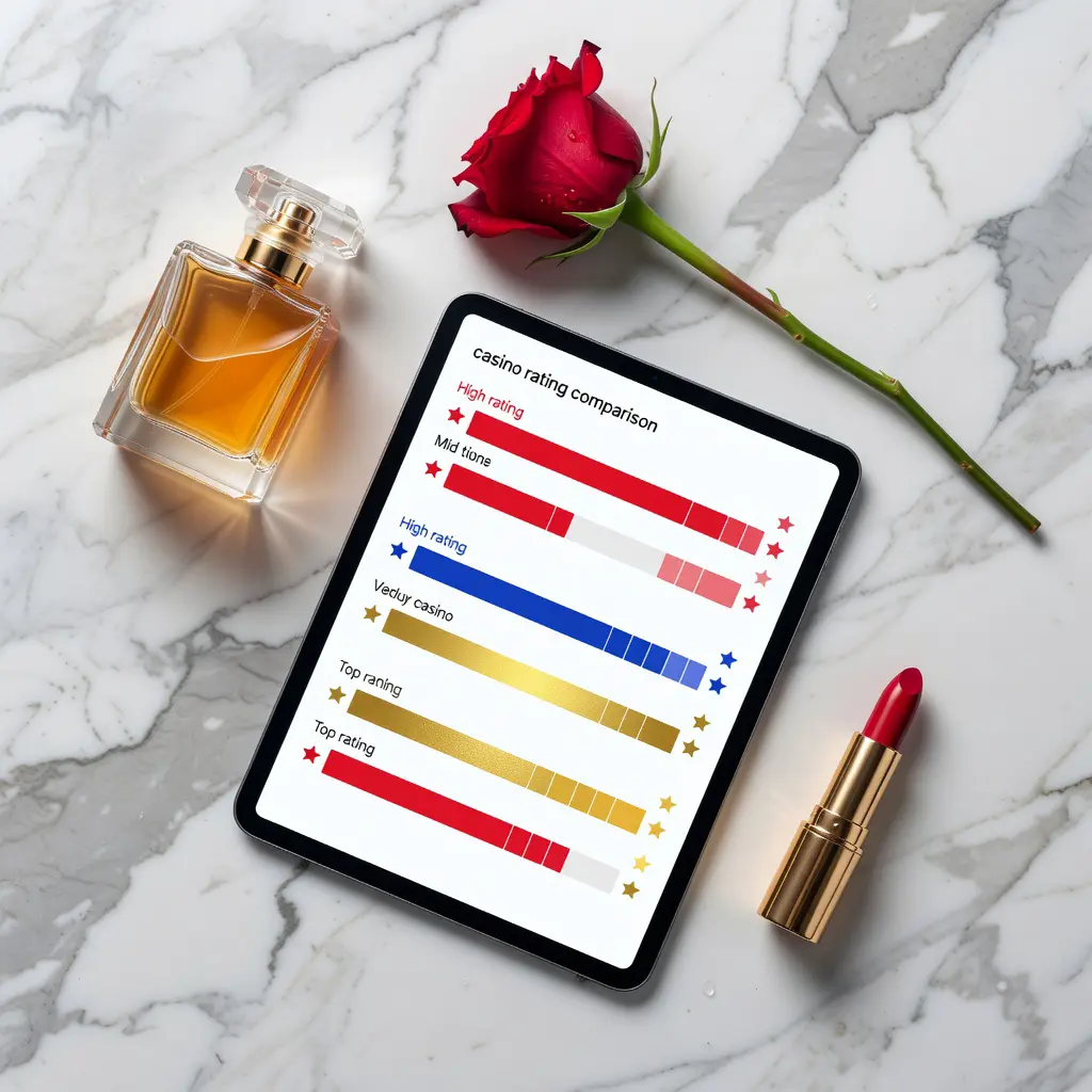 Casino overview rating research displayed on a tablet with beauty lifestyle accessories Overhead flat-lay of a tablet displaying a casino overview rating dashboard surrounded by luxury beauty items including perfume and lipstick on marble