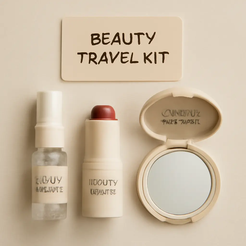 Flatlay of a compact beauty travel kit including mini mist and tinted balm