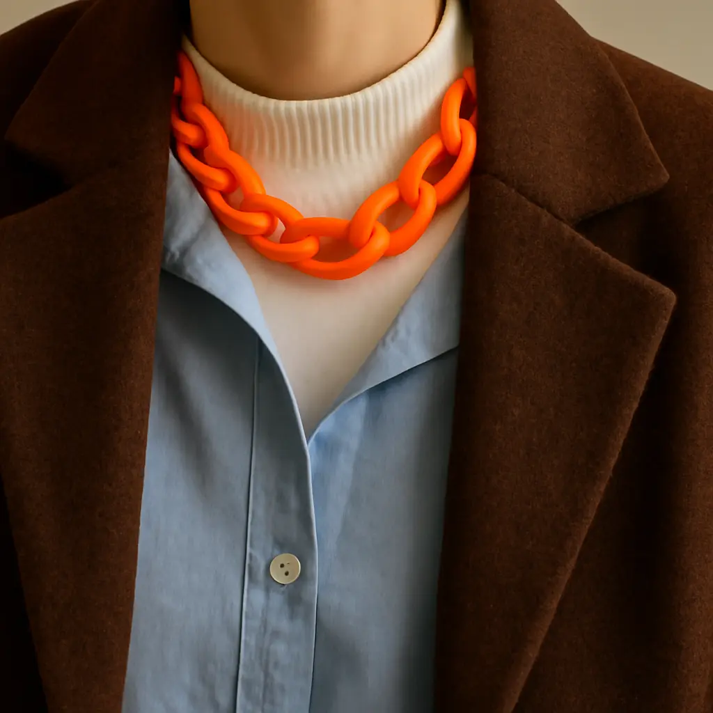 Close-up of an outfit showing contrast and a bright accessory near the face