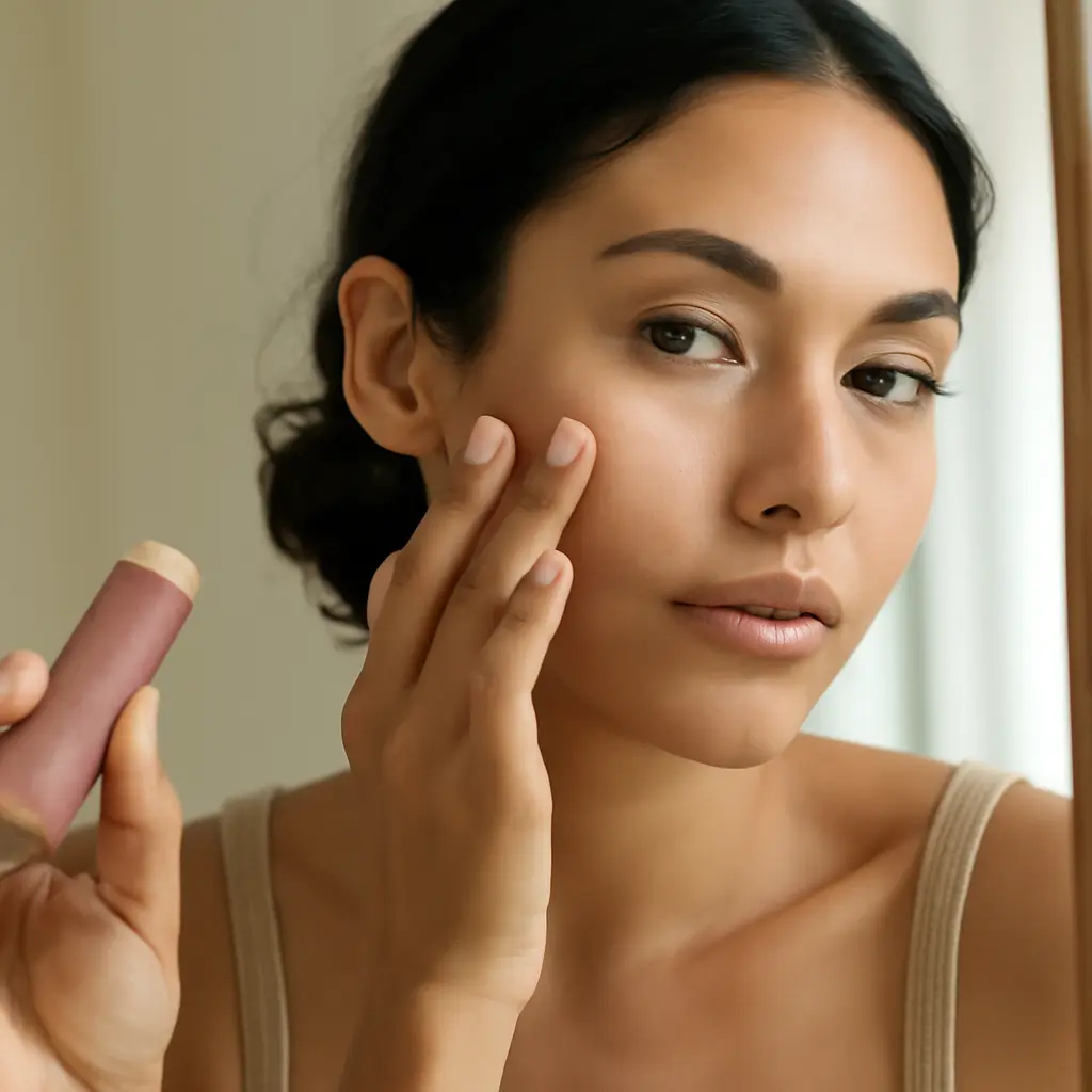 Woman applying cream highlighter and multi-stick in a mirror for quick glow