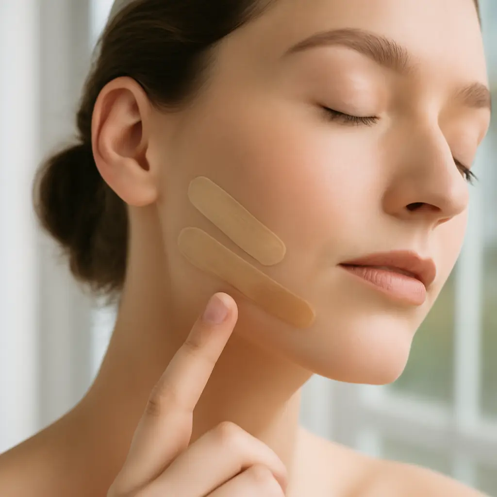 Foundation shade matching Woman testing foundation shades along her jawline in natural daylight