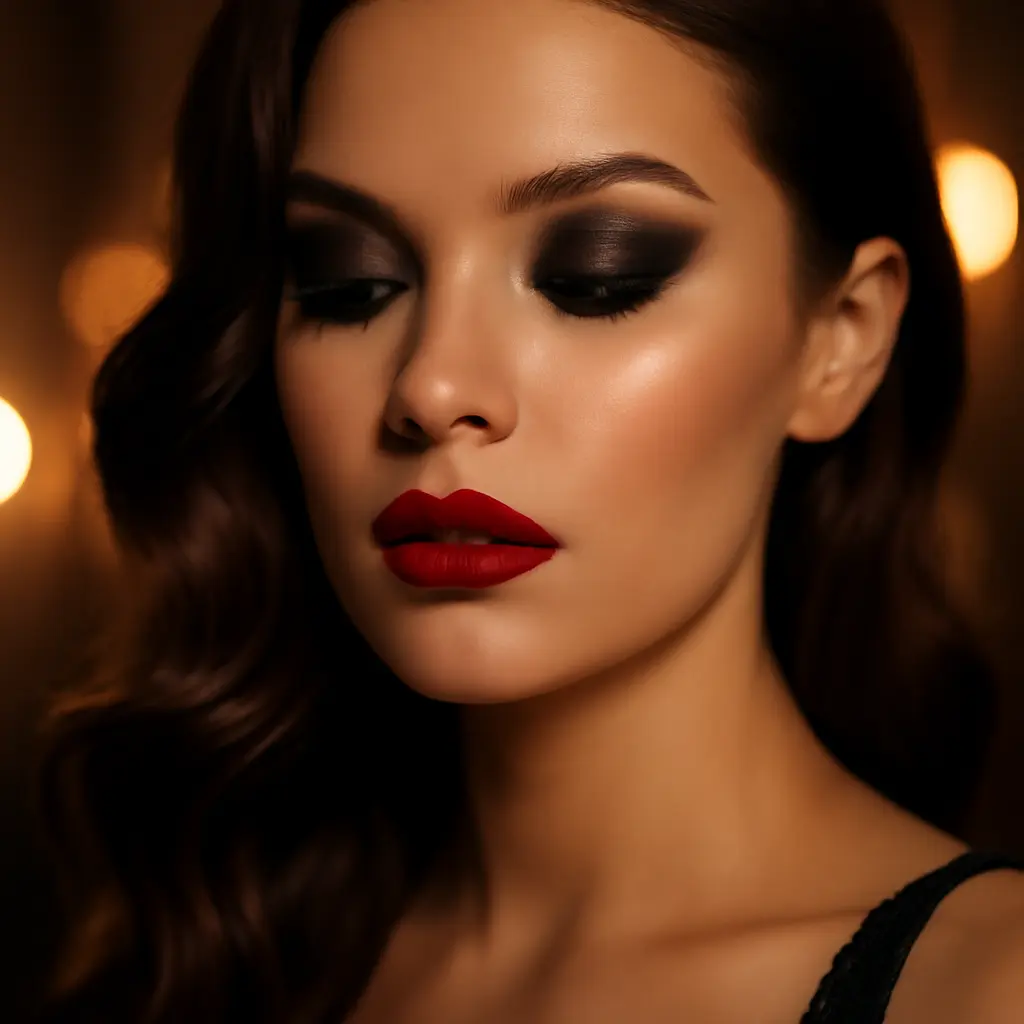 Glam Night Out Makeup Woman with dramatic smoky eyes and red lips for an evening event