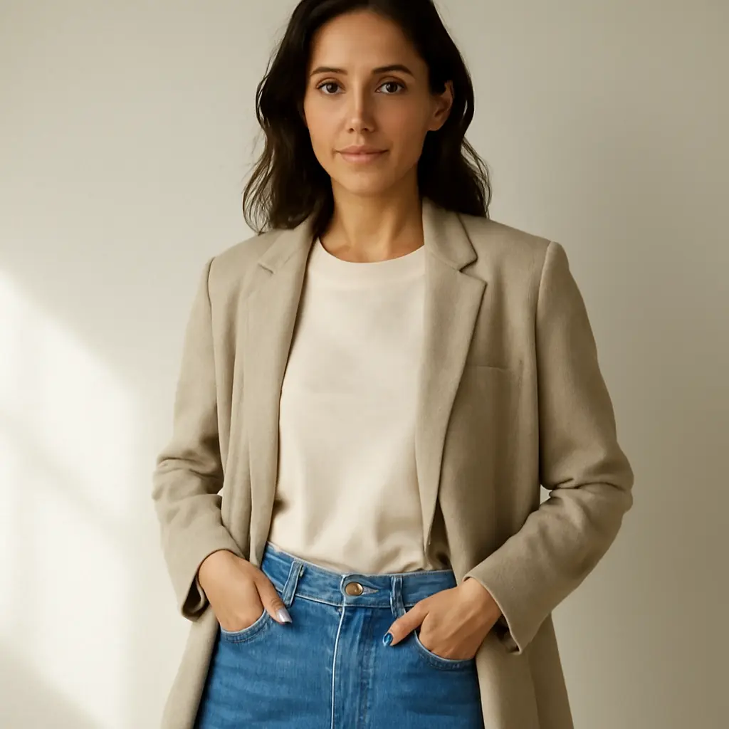 Minimal makeup and wardrobe Model wearing a capsule outfit with minimal, dewy makeup that complements the look