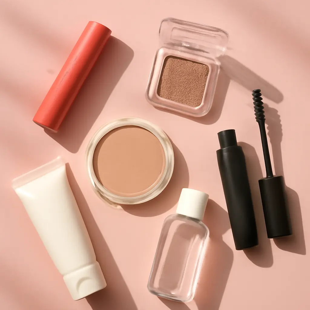 Minimal makeup essentials Flatlay of affordable makeup and skincare essentials on a soft pink background