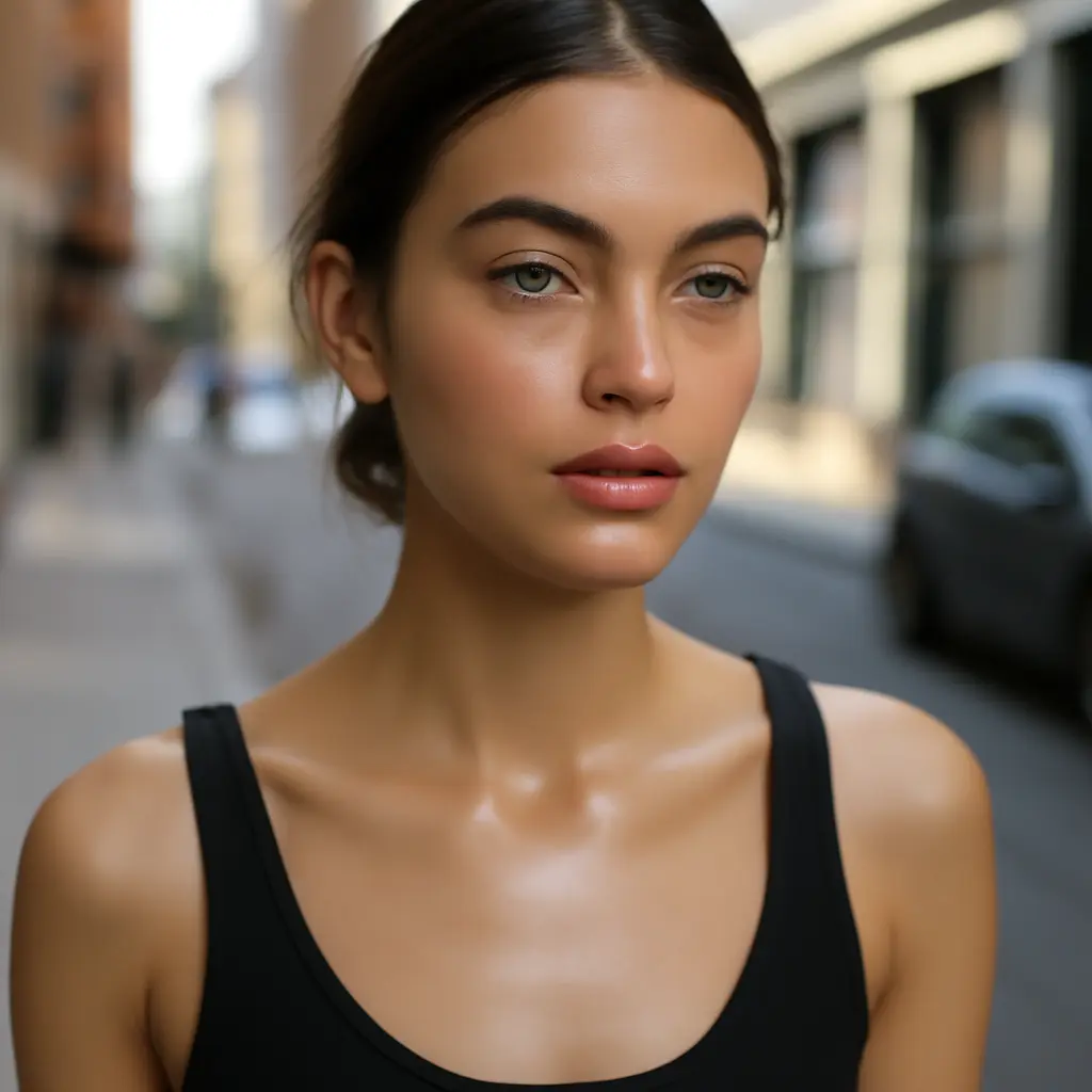Model with minimalist glowing makeup on the street