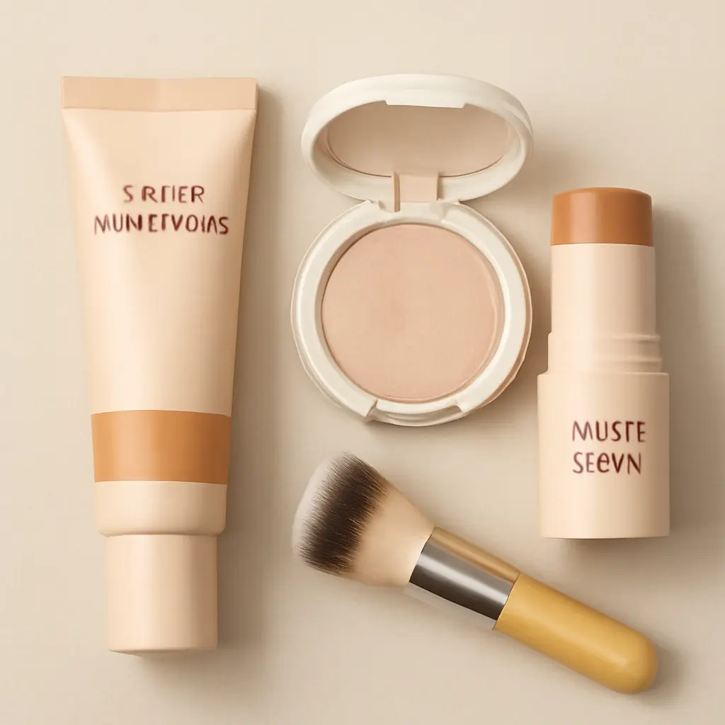 Compact makeup essentials laid out for a quick glow routine