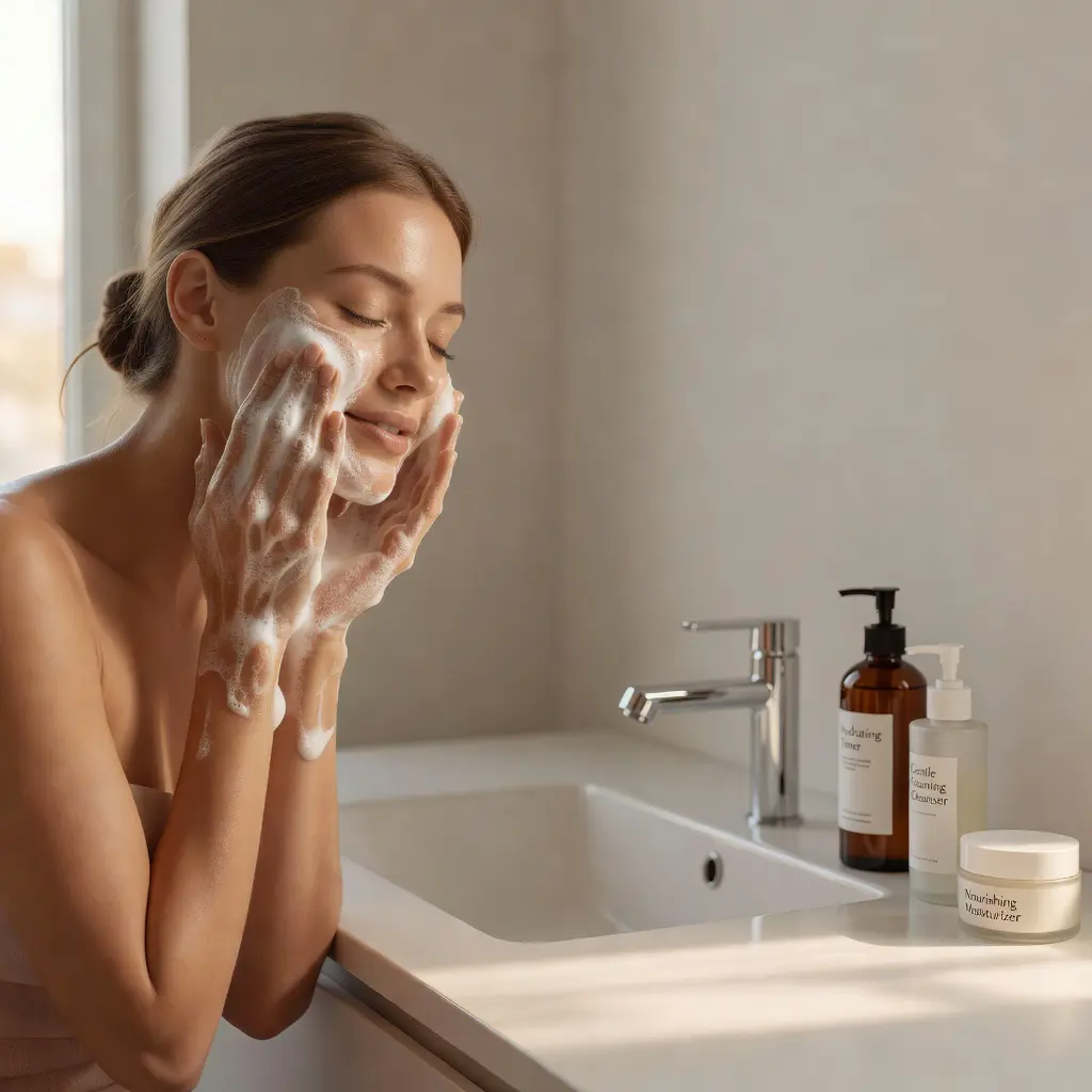 Woman performing a gentle morning facial cleanse with a foaming cleanser at a clean white bathroom sink surrounded by neatly arranged skincare products