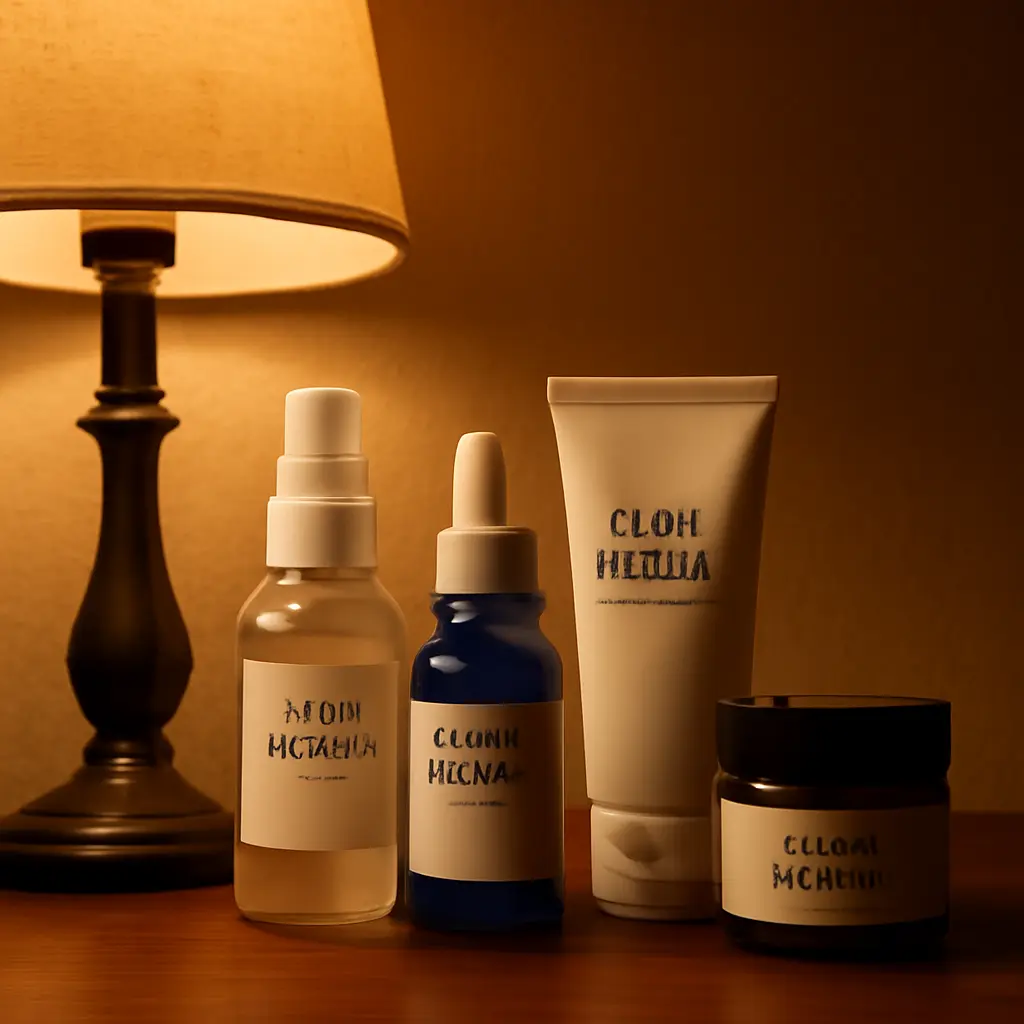 Nighttime skincare essentials Nighttime skincare products neatly arranged beside a bedside table lamp
