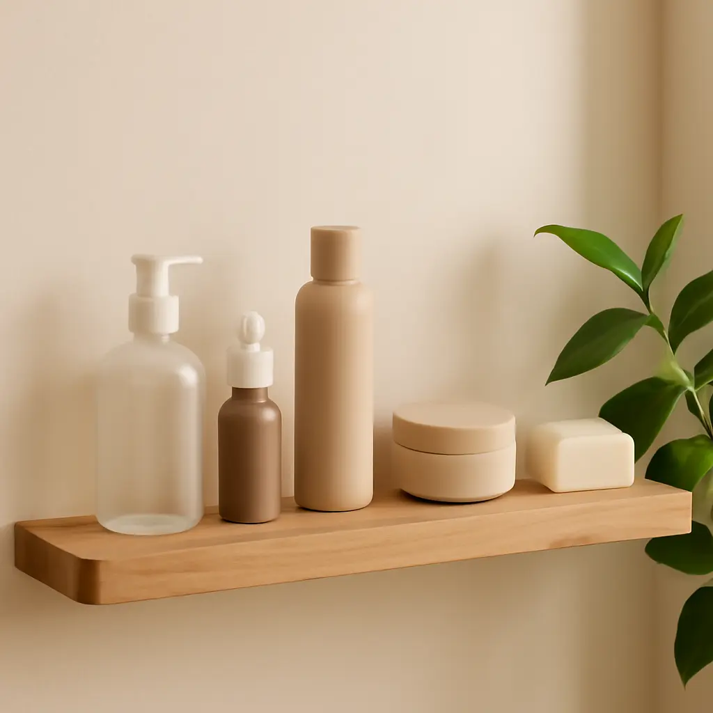 Organized beauty routine shelf Neatly organized skincare products on a clean bathroom shelf