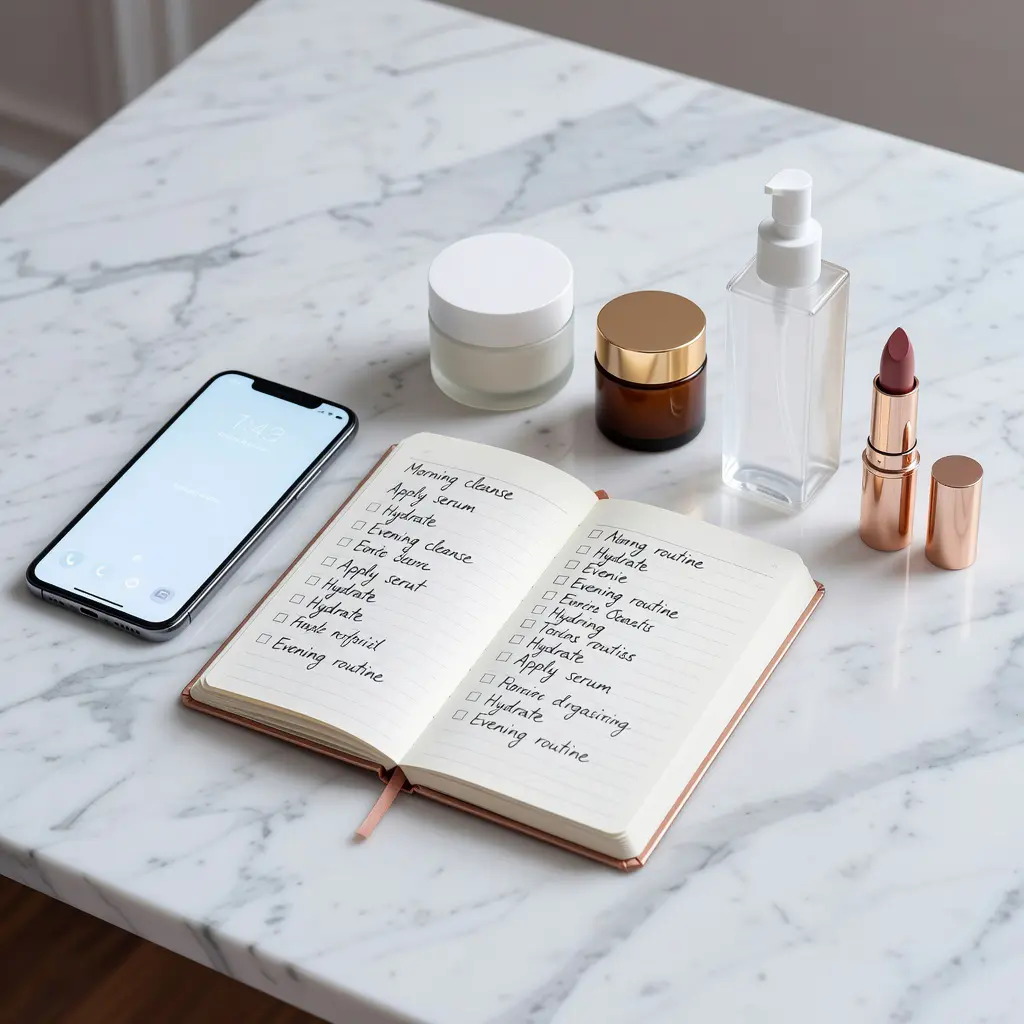 Organized lifestyle planning for beauty and casino bonus strategy Top-down flat-lay of a marble desk with a planner open to a checklist, luxury beauty products, and a smartphone showing a casino comparison app