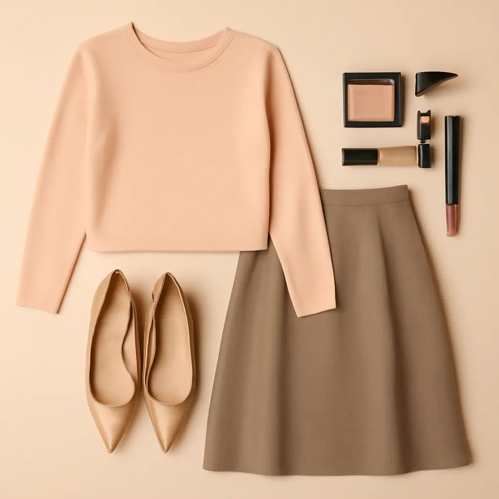 Outfit and Makeup Coordination Close-up of coordinated outfit accessories and makeup essentials on a dressing table