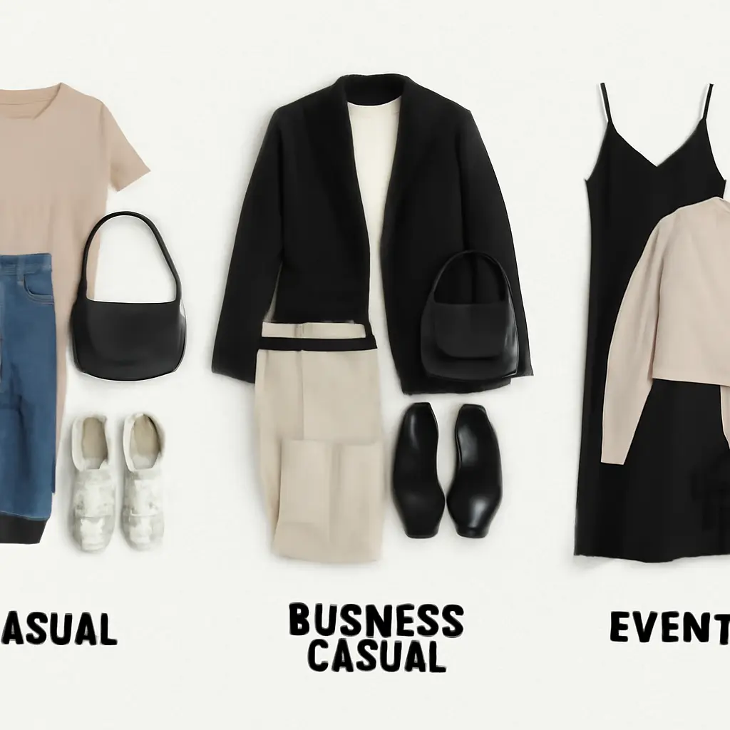 Outfit formulas examples Three flat-lay outfits demonstrating outfit formulas for capsule wardrobes