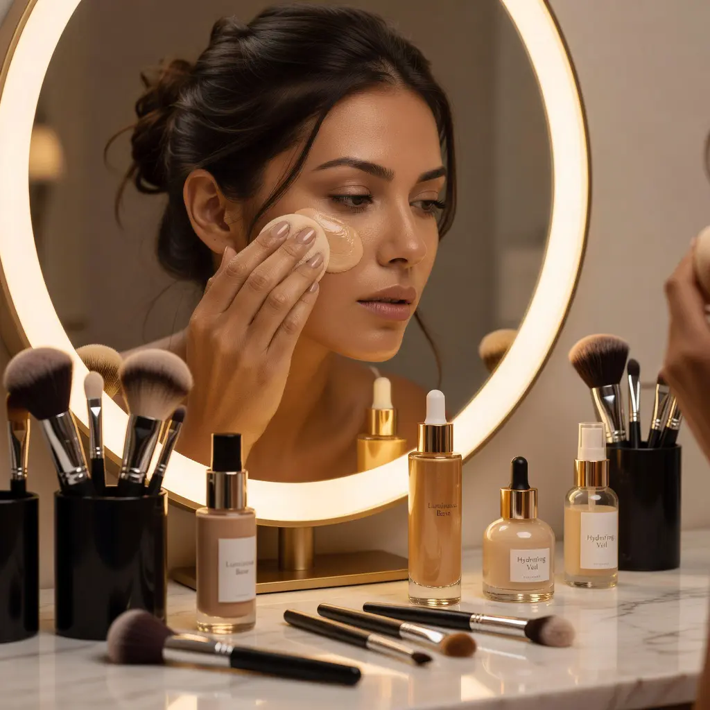 Close-up of a woman applying foundation with a damp beauty sponge at a well-lit vanity mirror with professional makeup products and brushes arranged nearby