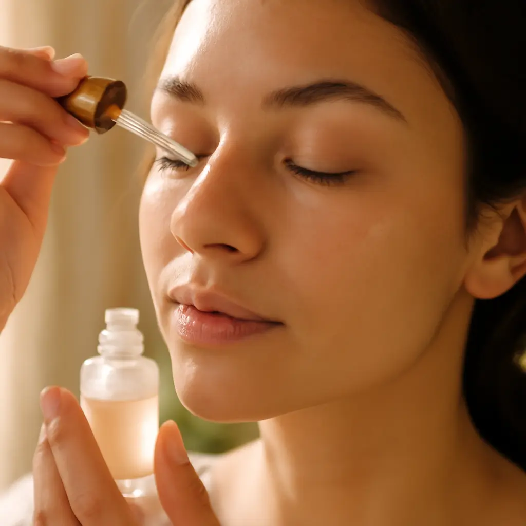 Quick morning routine Woman applying lightweight serum to her face in the morning