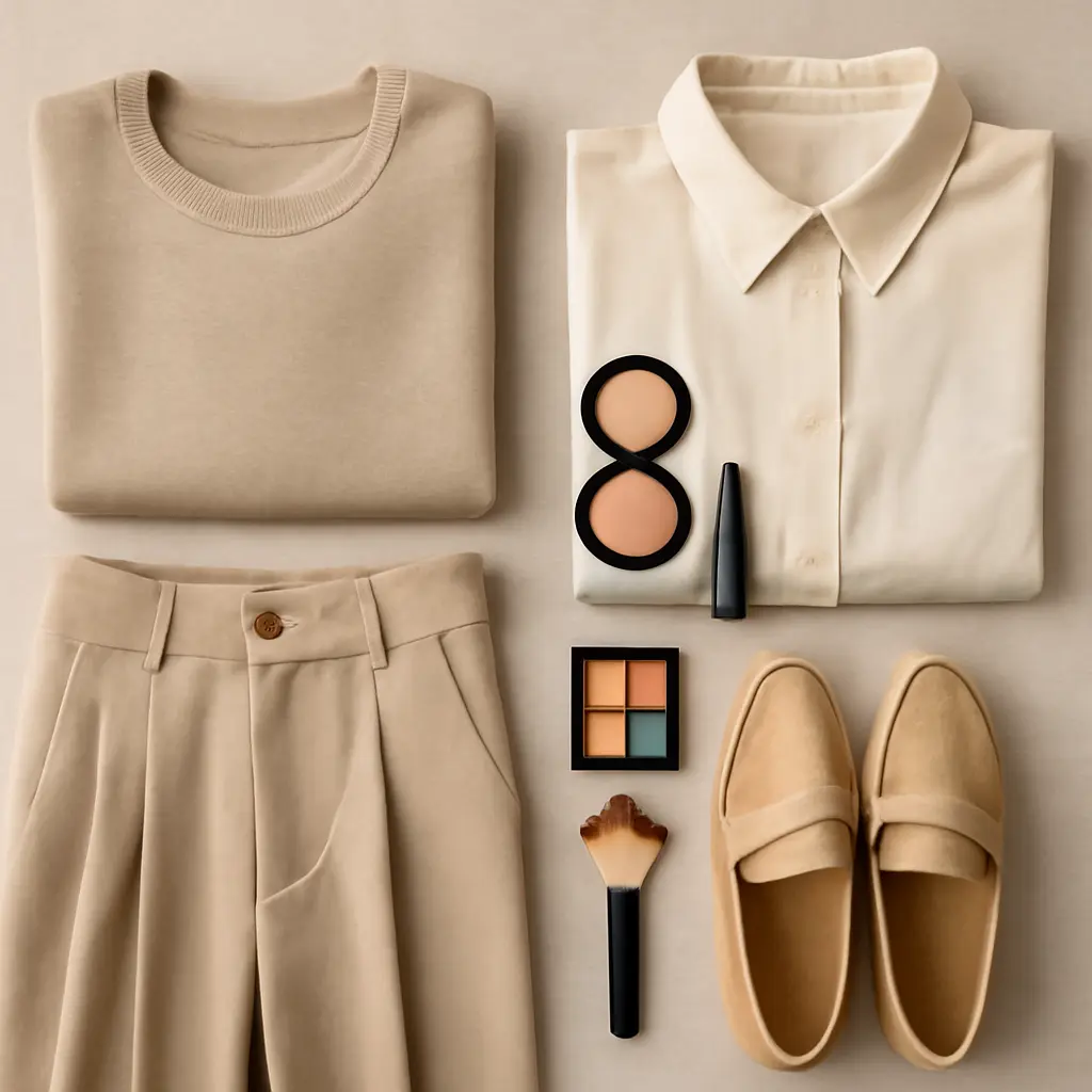 Flatlay of a neutral capsule wardrobe with soft fabrics and makeup beside it