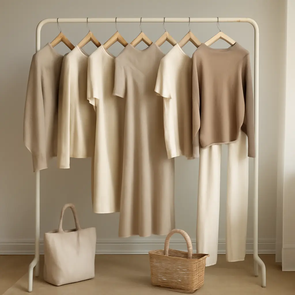 Sustainable wardrobe basics A curated capsule wardrobe of sustainable clothing on hangers