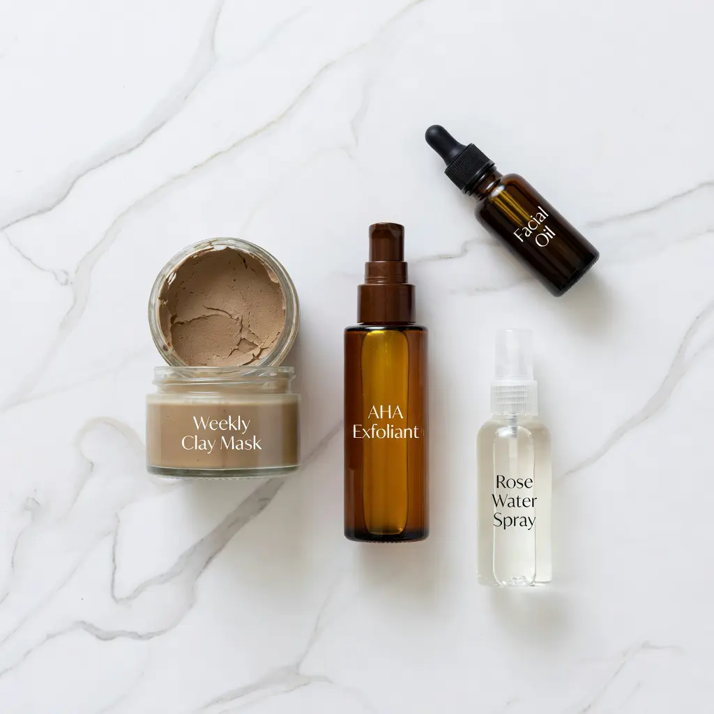 Flat lay of weekly skincare reset products including an exfoliating scrub, clay face mask, facial oil dropper bottle, and rose water spray on a white marble surface