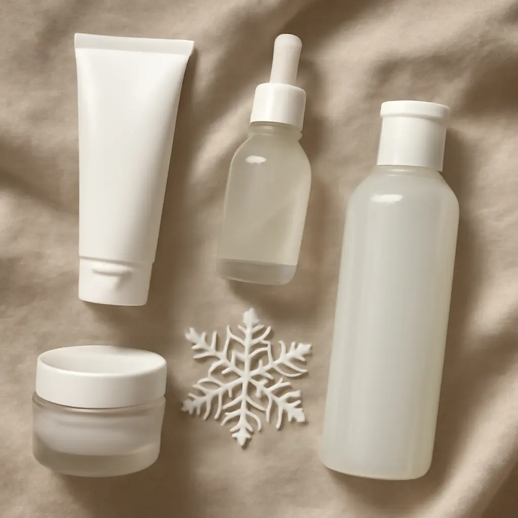 Flatlay of winter skincare products on soft fabric